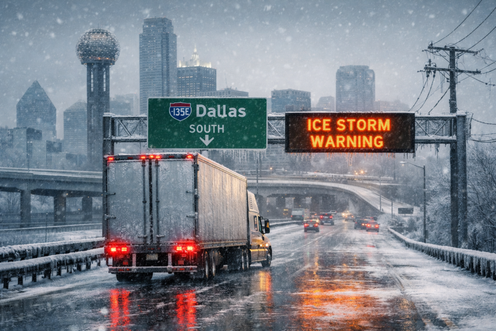 Icy Dallas highway in winter storm